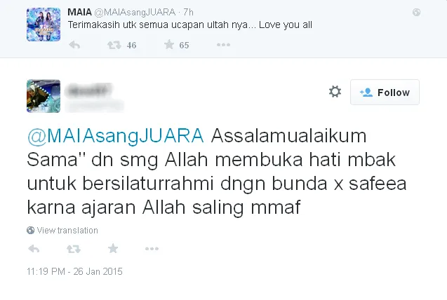 Seorang fans berharap Mulan dan Maia berbaikan / © Twitter