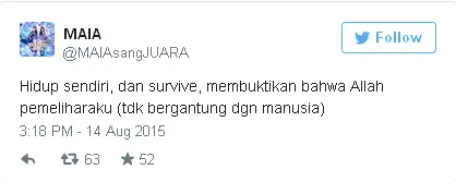 Maia bangga bisa survive sendiri / © Twitter - @MAIAsangJUARA