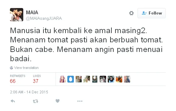 Kicauan Maia di tengah badai pengakuan Mulan © Twitter/MAIAsangJUARA