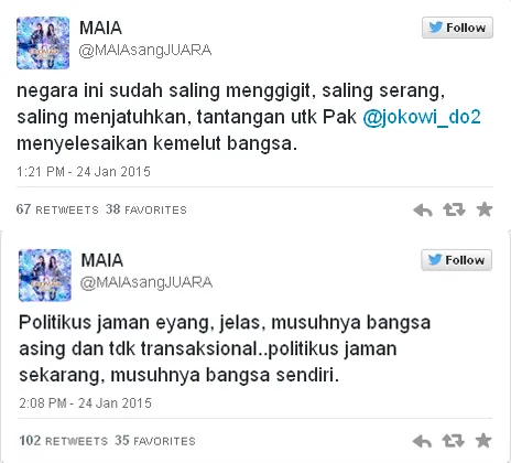 Tweet kekecewaan Maia atas kisruh KPK Vs Polri / © Twitter