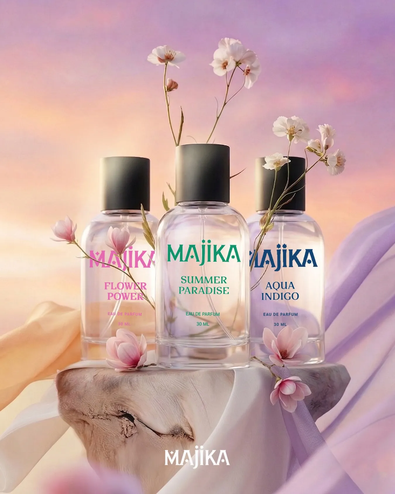 Parfum MAJIKA Flower Power EDP, MAJIKA Summer Paradise EDP, MAJIKA Aqua Indigo EDP. © Instagram/ majika.official