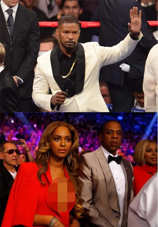 Jamie Foxx saat menyanyikan lagu kebangsaan (atas). Beyonce dengan gaun merah menyala (bawah). @AFP