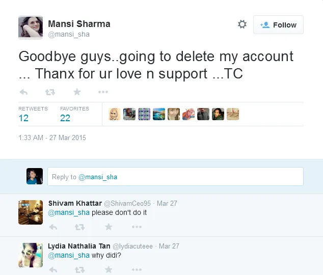 Mansi Sharma tutup akun, karena Shaheer? @twitter/mansi_sha