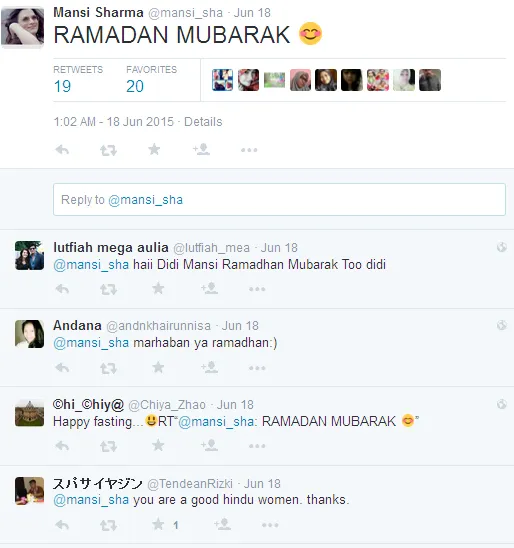 Mansi Sharma sampaikan selamat puasa Ramadan. @twitter/mansi_sha