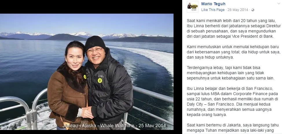 Status Mario Teguh yang mengaku sudah lebih dari 20 tahun menikah dengan Linna, dibuat pada 28 Mei 2014. ©FB Mario Teguh