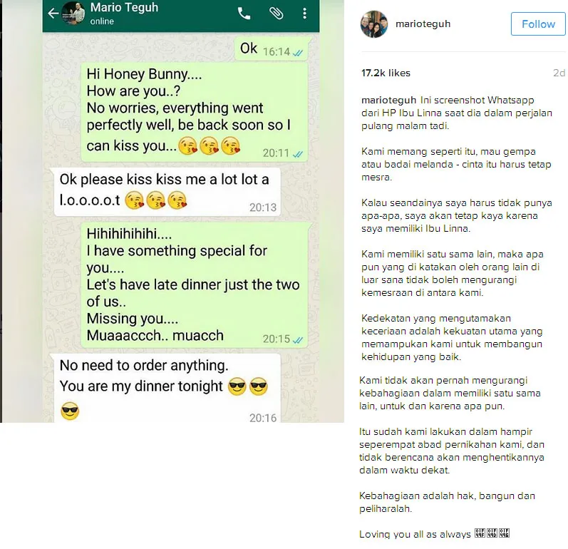 Mario Teguh tunjukkan kemesraannya dengan istri © Instagram.com/marioteguh