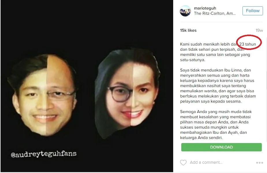 Tulisan di sosial media, Mario Teguh telah menikah lebih dari 23 tahun. ©instagram.com/marioteguh