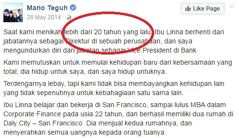 Di tahun 2014, Mario Teguh menulis menikah dengan Ibu Linna lebih dari 20 tahun lalu. ©FB Mario Teguh