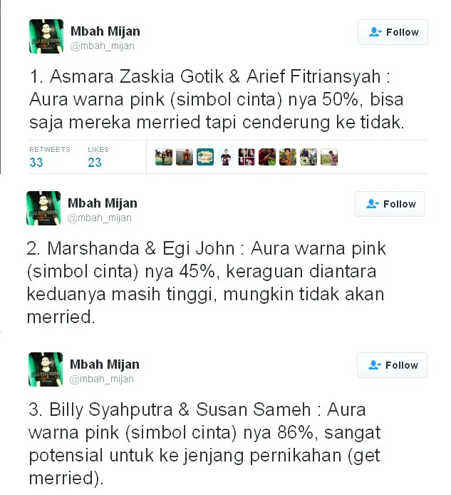 Terawangan Mbah Mijan tentang hubungan para selebritis © Twitter.com/mbah_mijan
