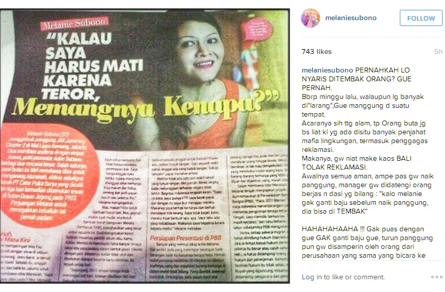 Melanie Subono cerita pengalaman saat hampir ditembak © Instagram.com/melaniesubono