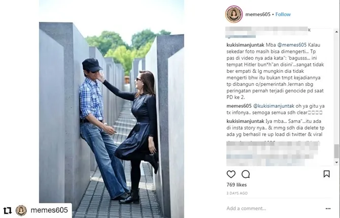 Memes membalas komentar netizen terkait Syahrini di Monumen Holocaust (credit: instagram.com/memes605)