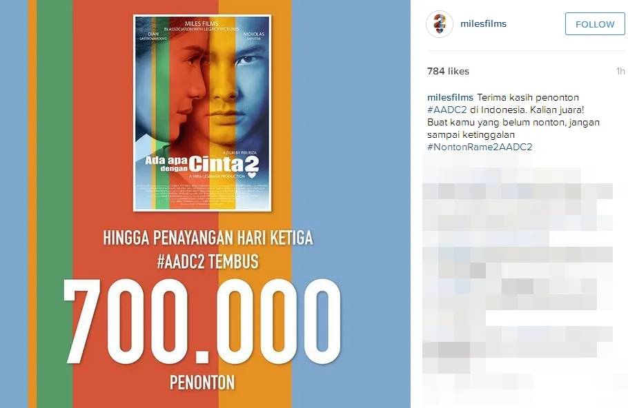 'AADC 2' raih 700 ribu penonton! ©instagram/milesfilms