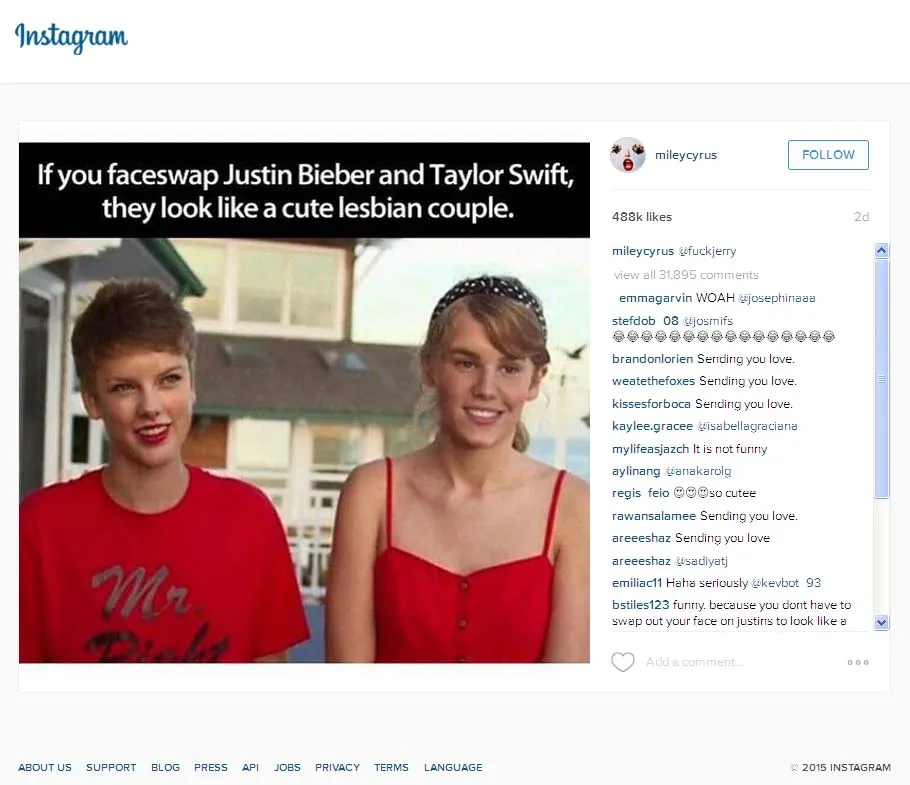 Nekat, Miley Cyrus lupa dengan siapa yang diajaknya bercanda ©Instagram.com/mileycyrus/