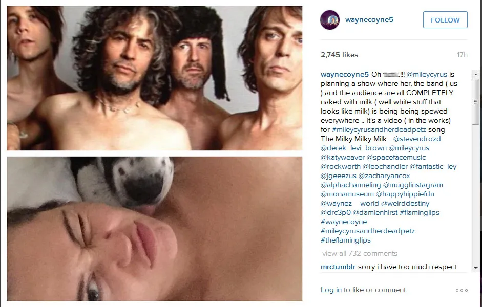 Wayne Coyne mengungkapkan rencana bugil bareng dengan Miley Cyrus lewat Instagram © Instagram.com/WayneCoyne