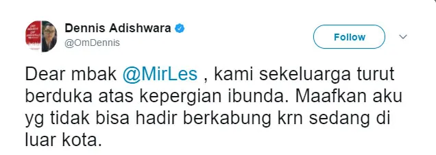 Ucapan bela sungkawa dari Dennis Adhishwara ŠTwitter/Dennis Adishwara‏