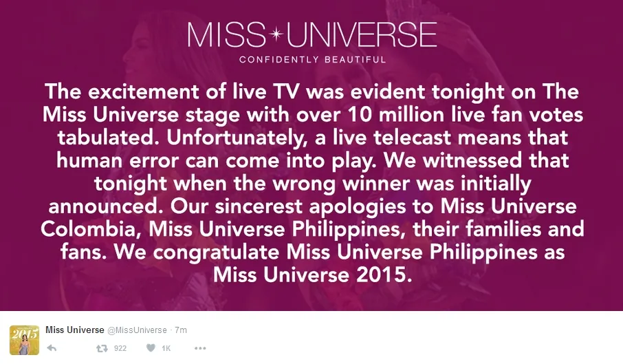 Panitia Miss Universe 2015 meminta maaf. ©twitter/missuniverse