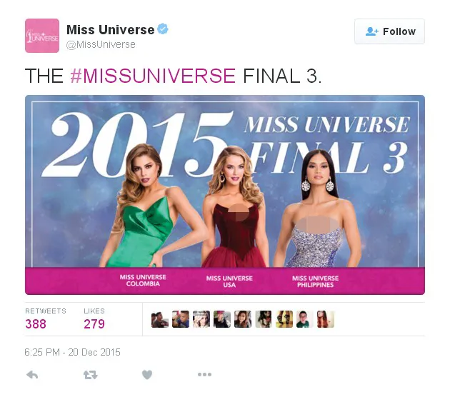 Inilah 3 besar Miss Universe 2015 © twitter.com/missuniverse