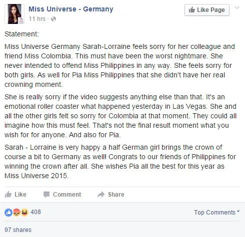 Inilah isi permohonan maaf Sarah pada Pia © Facebook.com/Miss Universe - Germany