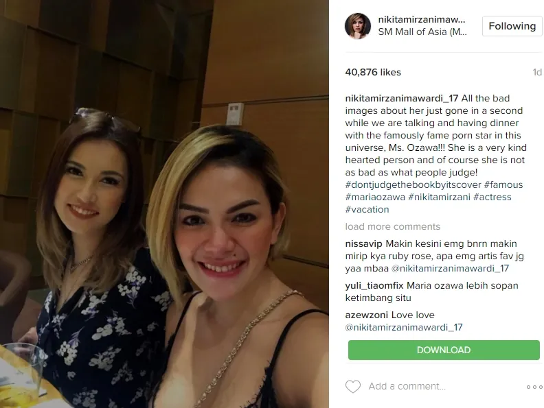 Nikita Mirzani hangout bareng Maria Ozawa. Š instagram.com/nikitamirzanimawardi_17
