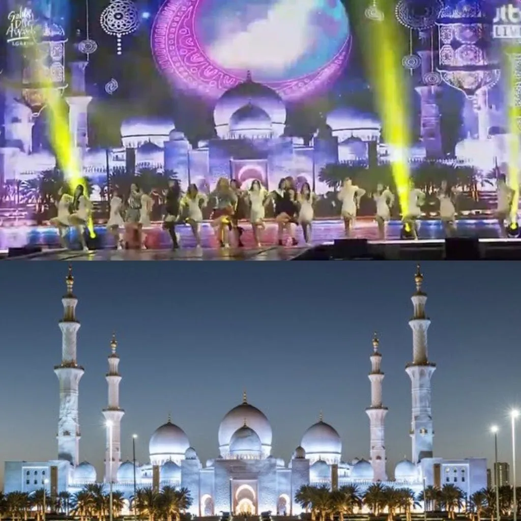Penampilan (G)-IDLE dengan background masjid © Istimewa