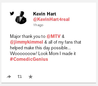 Kevin Hart dedikasikan kemenangannya untuk sang ibu/©twitter.com/kevinhart4real
