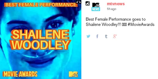 Shailene Woodley menangkan Best Female Performance/©mtv.com