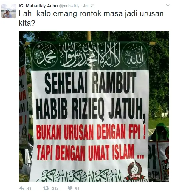 Tweet Acho yang sempat membahas tentang Habib Rizieq sebelum Uus. @twitter.com/muhadkly