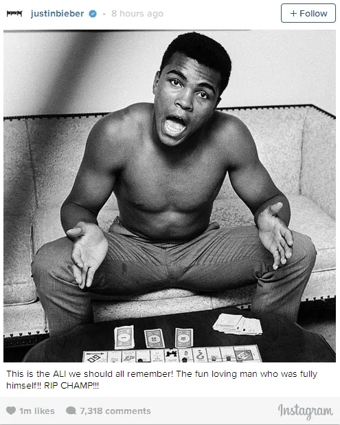 Bieber berduka atas berpulangnya Muhammad Ali ©instagram/justinbieber