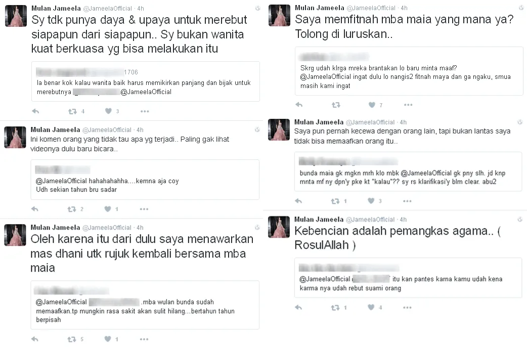 Mulan jawab pertanyaan kasar haters dengan santai © Twitter/JameelaOfficial
