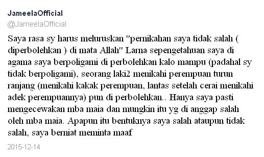 Mulan cuma ingin damai dengan Maia © Twitter/JameelaOfficial