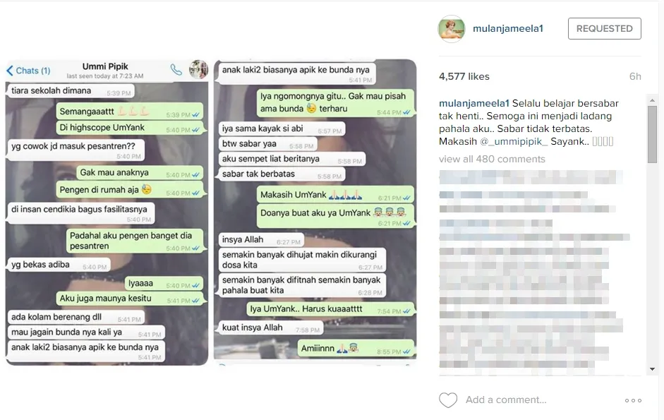 Percakapan whatsapp Mulan Jameela dengan Pipik Dian Irawati, diminta bersabar. ©instagram.com/mulanjameela1