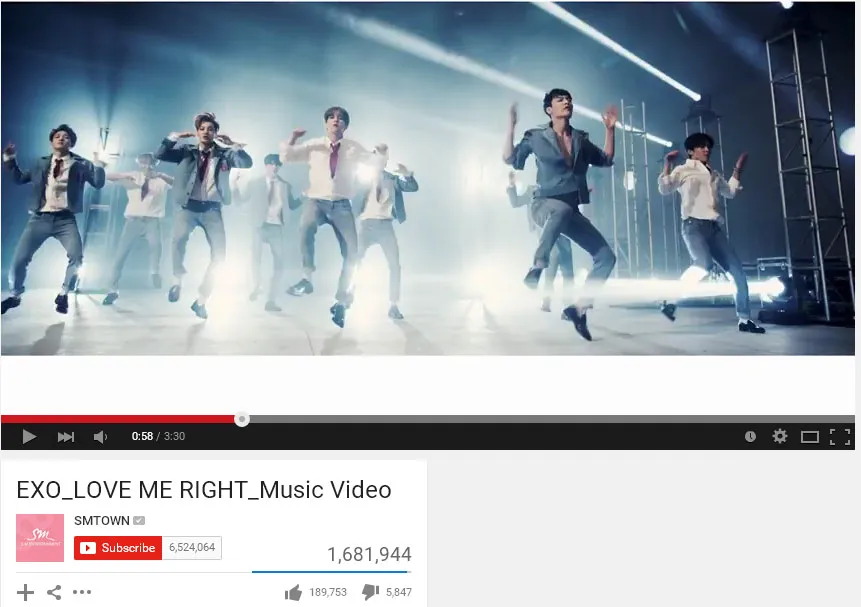 MV EXO Love Me Right yang telah menembus angka 1,6 juta. ©Youtube/SMTown