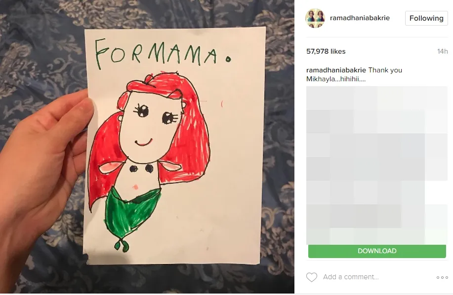 Gambar Mikhayla Zalindra Bakrie untuk Nia Ramadhani. Šinstagram.com/niaramadhani