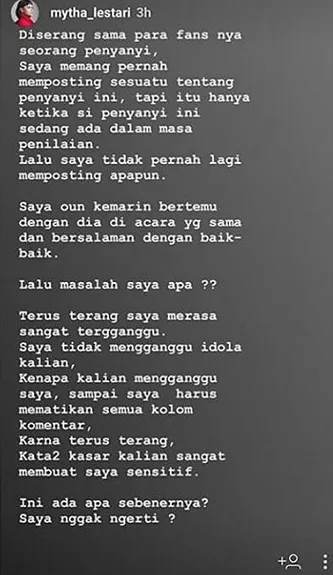 Curhatan Mytha di Insta Story ©instagram/mytha_lestari