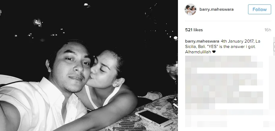 Barry bahagia lamarannya diterima Mytha ©instagram/barry.maheswara