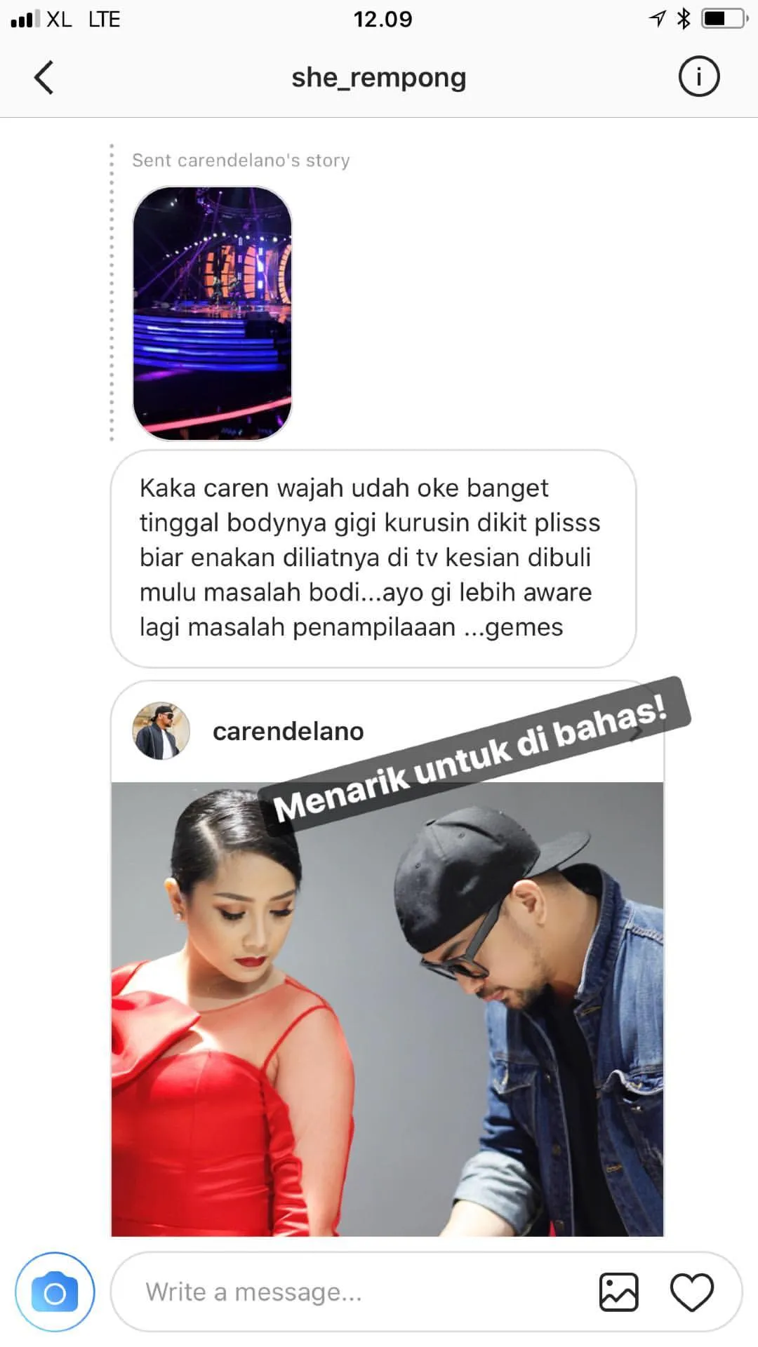 Pesan dari @she_rempong buat Caren ©instagram/carendelano
