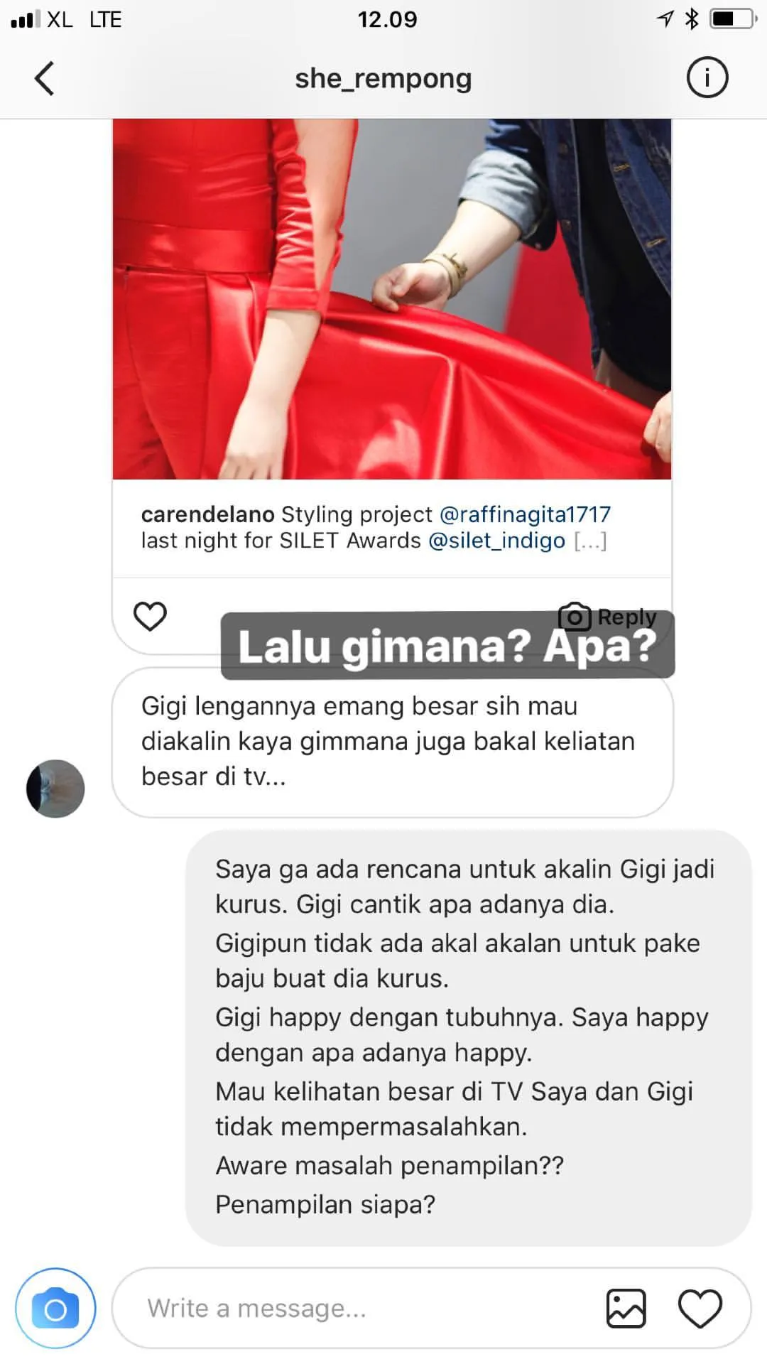 Caren membela Gigi, dan menegaskan bahwa mereka berdua tak peduli dengan penampilan di TV ©instagram/carendelano