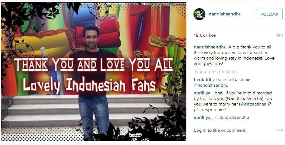 Nandish Sandhu ungkap kecintaannya pada fans Indonesia © Instagram.com/nandishsandhu