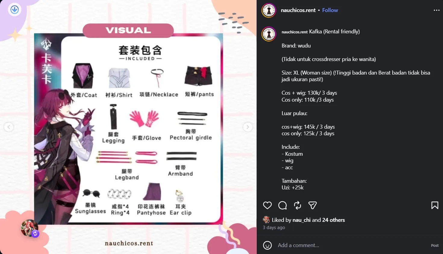 Harga sewa kostum untuk cosplay (instagram.com/nauchicos.rent)