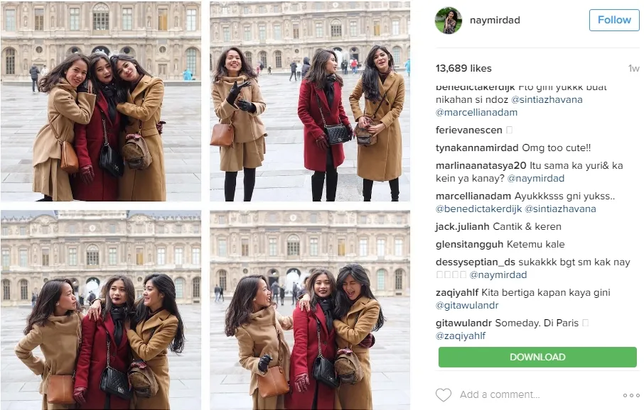 Naysilla Mirdad saat liburan bersama sahabat di Eropa. Di waktu yang sama ia juga men-tag instagram pacar. © instagram.com/naymirdad