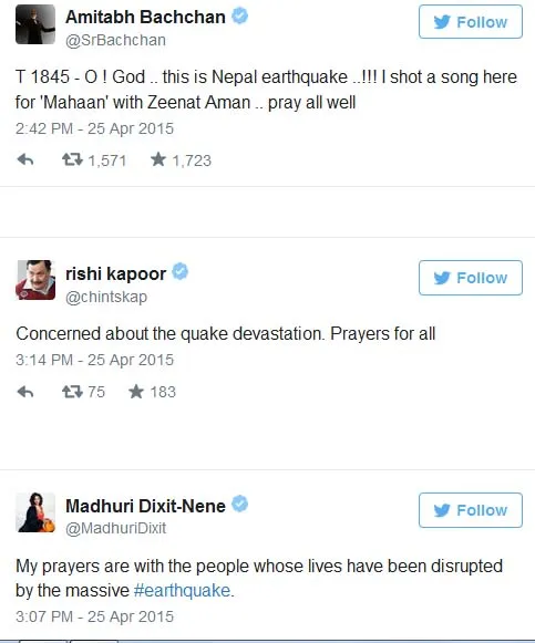 Seleb Bollywood pun berduka karena gempa Nepal. @Twitter