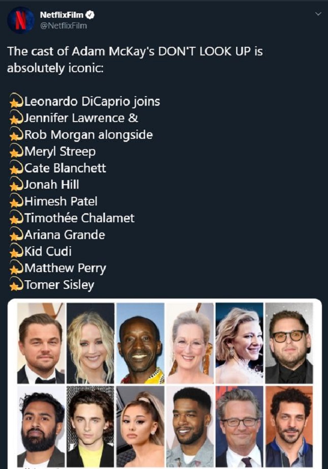 Netflix's Tweet about Leonardo DiCaprio joining the film DON'T LOOK UP