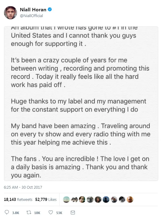 Niall Horan alamatkan rasa terima kasih terbesarnya pada para fans © twitter.com/NiallOfficial