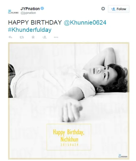 JYP Entertainment bahkan mengucapkan ulang tahun pada di Nichkhun di akun Twitter resmi mereka. ©credit as tagged
