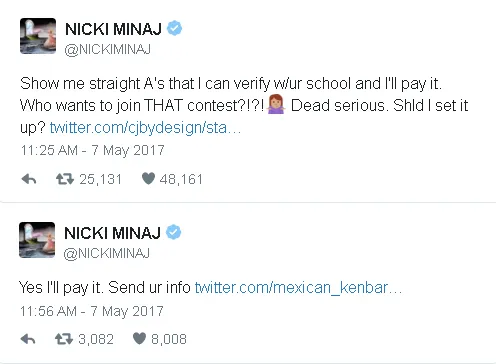 Lewat Twitter, Nicki Minaj menawarkan diri untuk membiayai kuliah para fansnya © Billboard/twitter.com/NICKIMINAJ