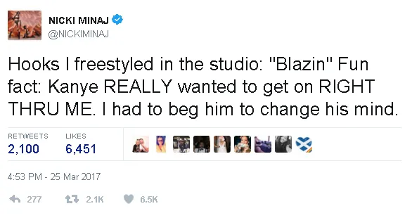 Nicki Minaj mengaku pernah tolak Kanye West untuk featuring di lagu 'Right Thru Me' © twitter.com/NICKIMINAJ