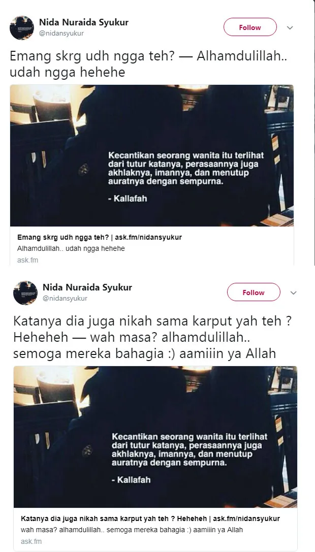 Percakapan Ask.fm Nida mantan istri Habib Usman Bin Yahya. © Twitter/nindansyukur