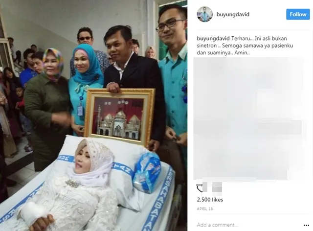Pasangan ini menikah di Rumah Sakit karena sang mempelai wanita harus menjalani rawat inap pasca kecelakaan © instagram.com/buyungdavid