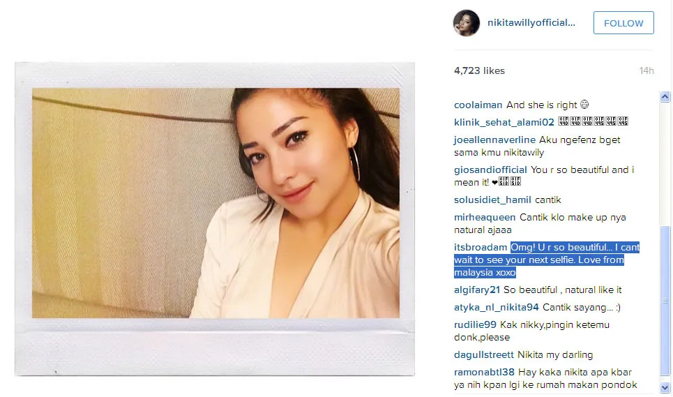 Gaya selfie Nikita Willy @foto: Official Instagram Nikita Willy