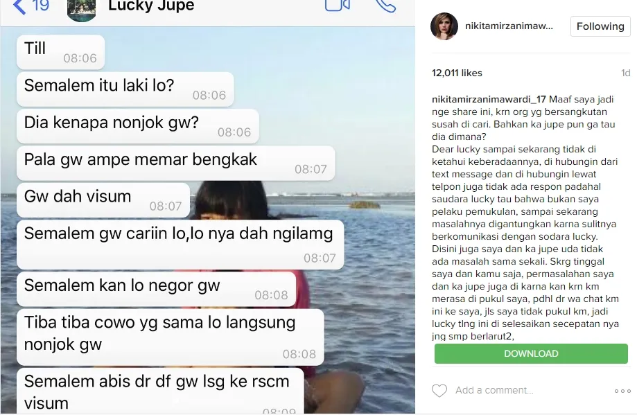 Nikita Mirzani mencari Lucky melalui sosial media. Šinstagram.com/nikitamirzanimawardi_17